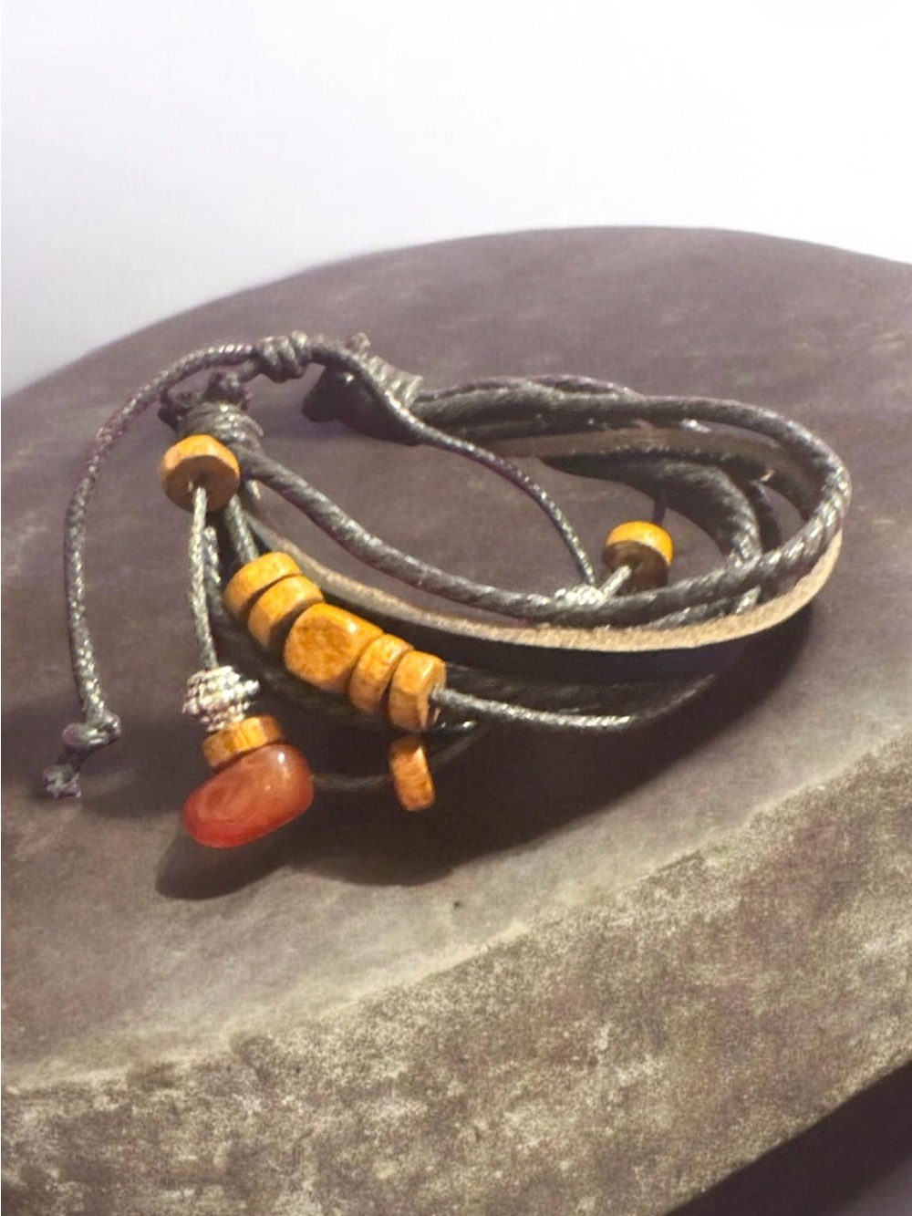 Boho Leather Wrap Bracelet with Wooden Beads and Red Stone
634